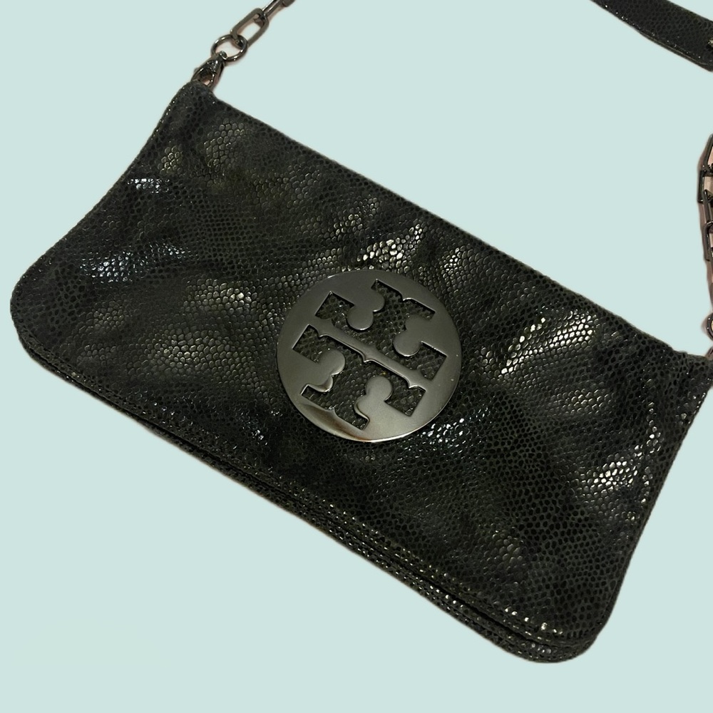 RARE! Tory Burch Reva green python magnetic clutch + gunmetal hardware